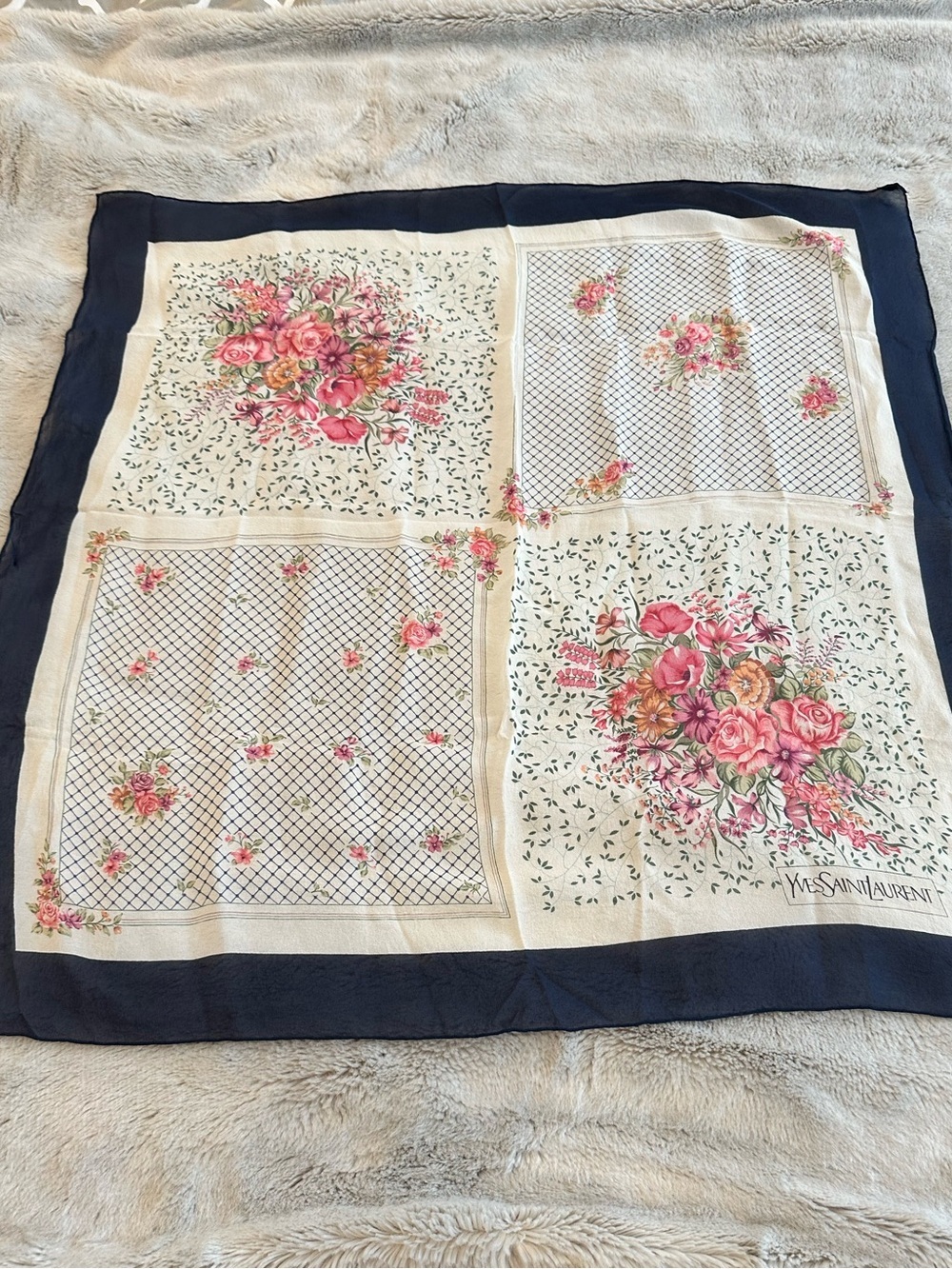 Yves Saint Laurent Cream Silk Scarf with Pink Floral & Navy Border